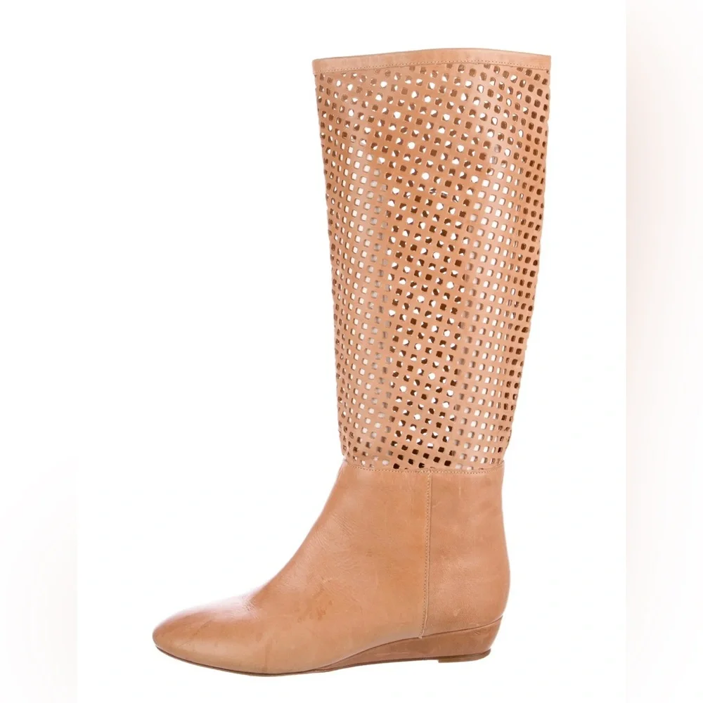 Loeffler Randall Brown Perforated Wedge Heel Knee High Riding Boots Size 6 $498